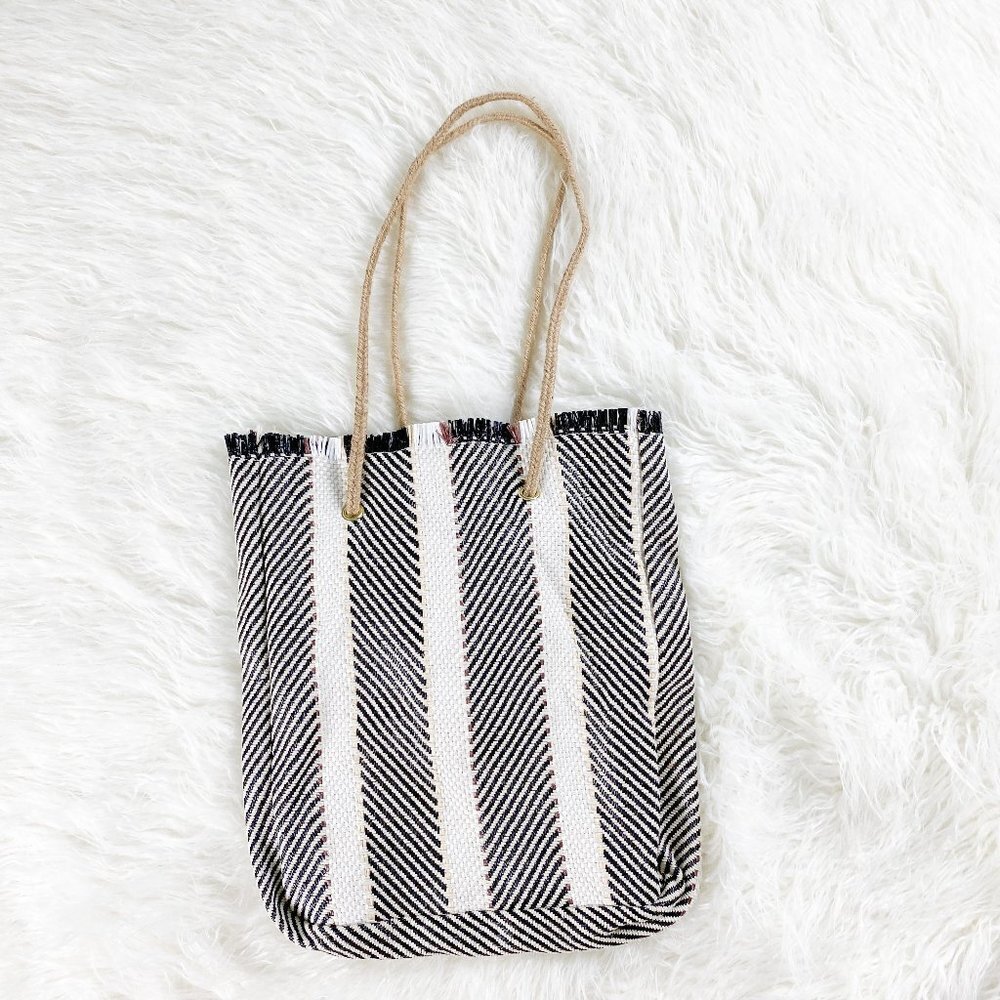 ☀️ BOHO Straw Woven Beach Tote Bag Purse Casual Cute Stripe Black White Y2K